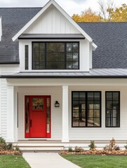 Obraz premium elegant white modern farmhouse exterior with vibrant red front door and black accents covered porch