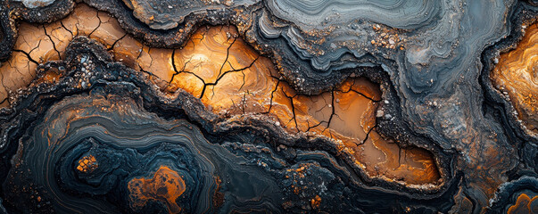 Cracked dry edges of tailings pond reveal intricate patterns and colors, showcasing nature