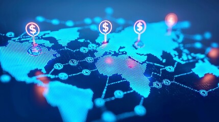Digital Banking Network, a futuristic illustration of interconnected global banks with glowing dots on a world map, bright blue transaction pathways, and vibrant currency symbols.