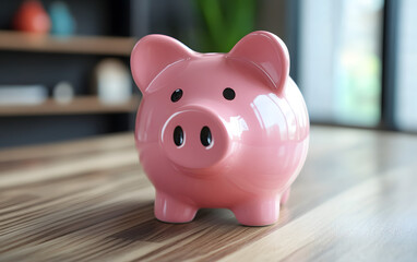 Obraz premium Cute pink piggy bank on wooden table with a modern background for saving money and finance concepts
