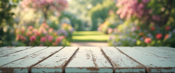 White Wooden Table with Garden in the Background Blurred.