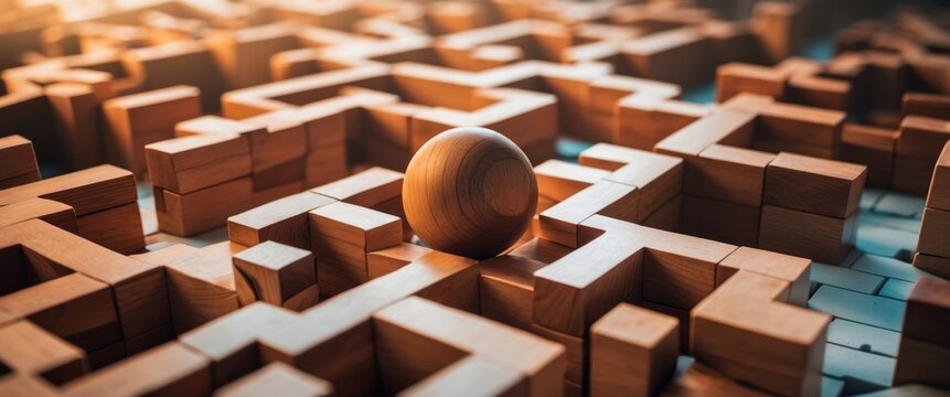Wood ball and a labyrinth game made of blocks, perplexing scenario, intricate issue, discover the correct path to navigate through.