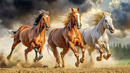 Three horses gallop