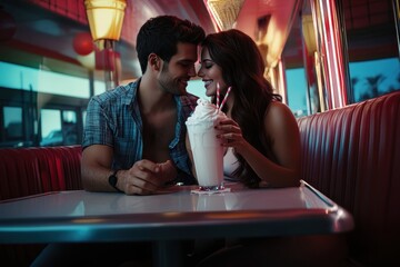 Couple enjoying milkshake at retro diner in the evening glow