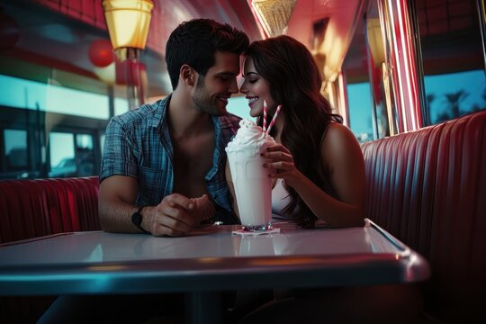 Couple enjoying milkshake at retro diner in the evening glow - Powered by Adobe