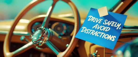A blue paper note attached to the car's steering wheel, containing a reminder for the driver to drive carefully and minimize distractions while on the road.