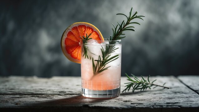 A charming grapefruit cocktail featuring ice and rosemary against a gloomy background.
