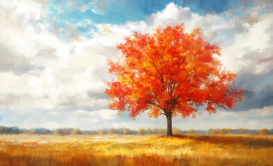 Autumn's Embrace: A solitary tree, resplendent in fiery orange foliage, stands majestically in a field, under a sky painted with dramatic clouds. 