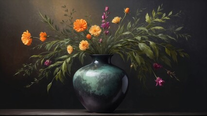 Beautiful floral arrangement in green ceramic vase with colorful flowers against dark background