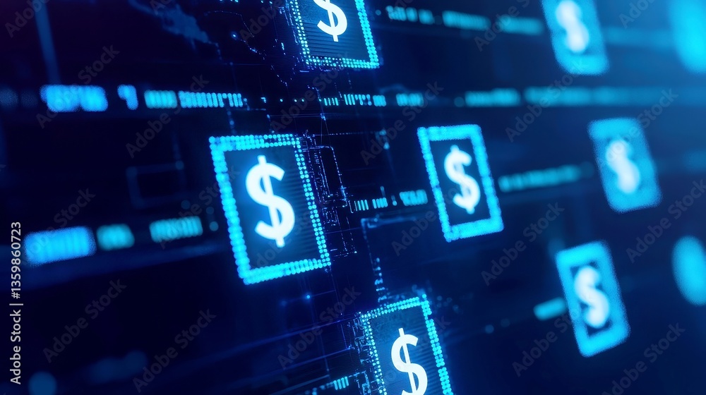 Poster global digital wallet network, futuristic visualization of illuminated dots creating a global map, c