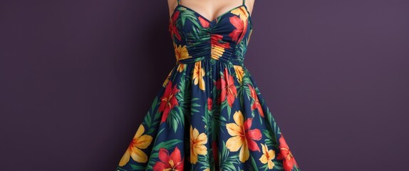 Women's dress featuring a floral pattern, set against a purple background.