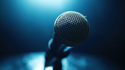 Obraz premium Stage microphone, blue light, concert, close-up