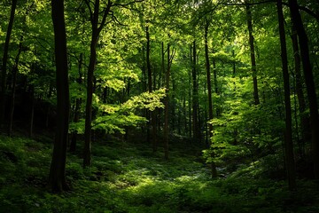 Obraz premium Realistic chasm holds rich green trees vivid foliage dark cover and a vibe of shelter and fullness in forest 