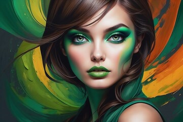 Stunning woman with bold summer makeup featuring vibrant green and yellow tones 
