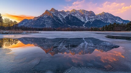 Frozen lake mirroring sunrise mountain range.  Sunrise over winter wonderland, reflecting perfectly on ice-covered lake.  Mountains in the background, showcasing a beautiful winter landscape