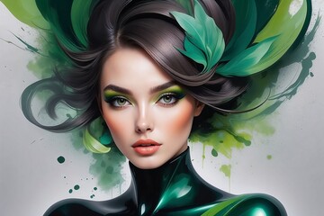 Beautiful woman with summer makeup and vibrant green hair leaves in an artistic style 