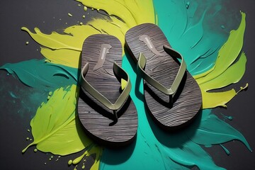 Stylish flip-flops on an artistic splash of colorful paint resembling tropical leaves 