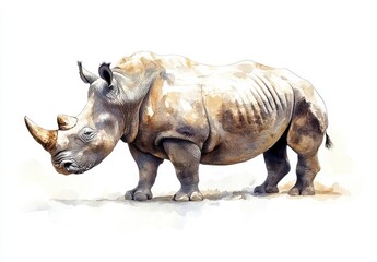 Fototapeta premium Digital Watercolor Illustration of a Rhinoceros with Thick Skin and Prominent Horn on a White Background