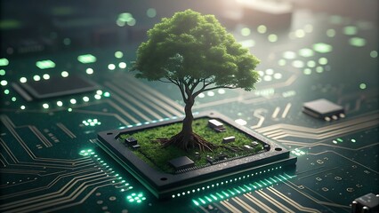 Green Technology Concept: A Tree Growing on a Microchip Circuit Board