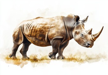 Fototapeta premium Watercolor Illustration of a Gray Rhinoceros Walking on a Light Beige Background Wildlife Art