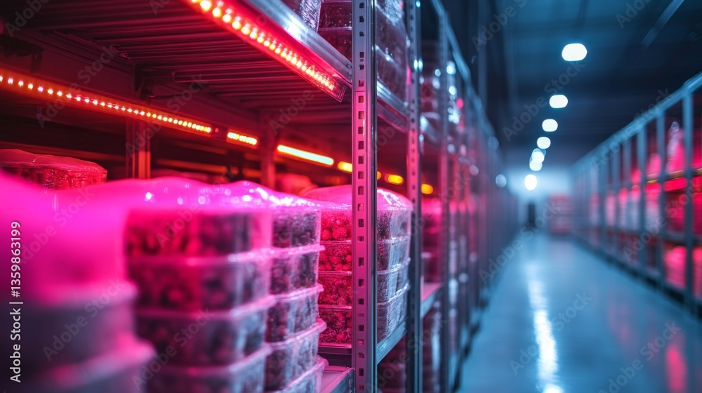 Poster rows of storage shelves, filled with perishable items are illuminated by red lighting in a climate c