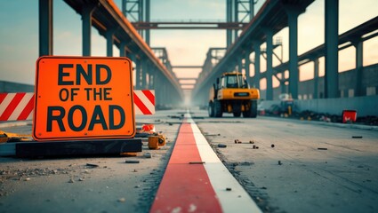 Street view of unfinished construction work. Warning sign indicating the end of the road.