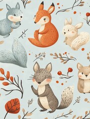 Develop a minimal style seamless pattern with simple illustrations of woodland creatures