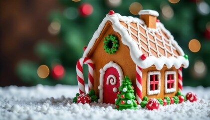Gingerbread house with candy canes and icing decorations, holiday, sweet treats