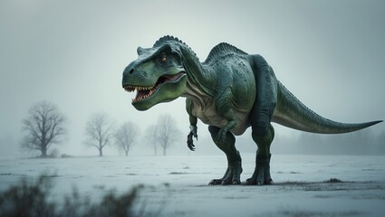 Fototapeta premium A solitary Tyrannosaurus Rex looking for its siblings in the frigid wilderness.