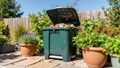 Compost tumbler displaying food waste on garden patio, sustainable living
