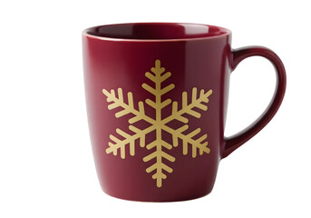 Decorative red mug with golden snowflake design on white background, perfect for winter, holidays, and festive gatherings to convey warm seasonal spirit