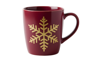 Decorative red mug with golden snowflake design on white background, perfect for winter, holidays, and festive gatherings to convey warm seasonal spirit