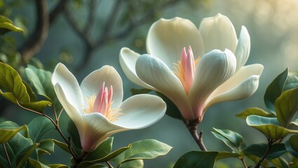 Fototapeta premium A stunning single, centered Magnolia bloom in the process of opening with inner stamens visible and surrounded by lush green foliage and backdrop.