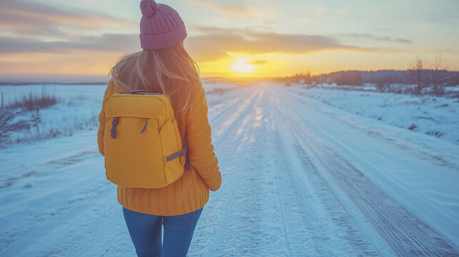 Winter Sunset Walk Along a Snowy Road..