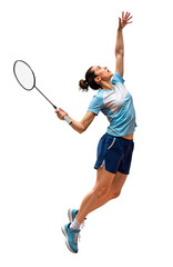 Female badminton player doing jump smash mid-air with badminton racket