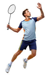 Male badminton player doing jumping smash mid-air on isolated background