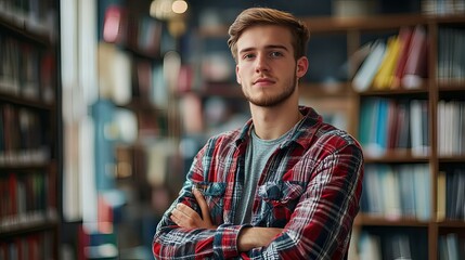 Obraz premium Confident Young Man in Library Setting