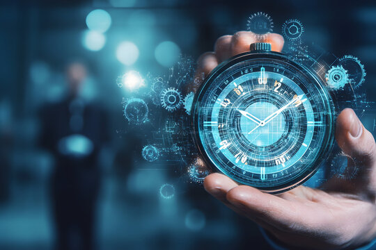 Futuristic hand holding a digital clock with gears and technology background