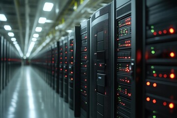 A data center hallway lined with server racks and lights