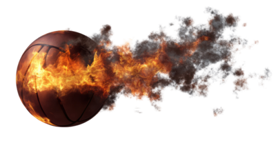  Burning basketball ball flying with flames on transparent background