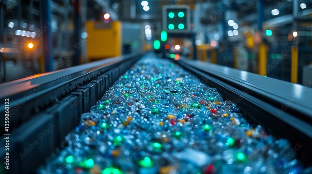 Poster a conveyor belt filled with colorful plastic waste moves through a high tech recycling facility, sho
