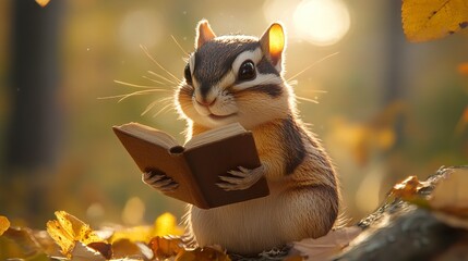 Fototapeta premium A chipmunk holding a small book, cheeks puffed, lifelike fur and soft golden lighting. 