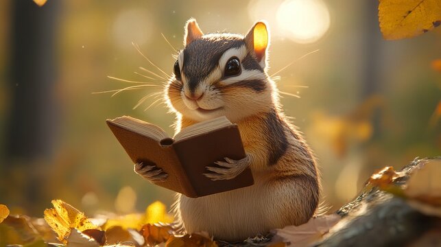 A chipmunk holding a small book, cheeks puffed, lifelike fur and soft golden lighting. 