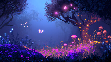 Pixel art futuristic garden with glowing tech-enhanced trees and robotic birds