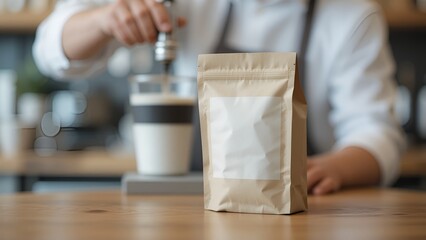 Obraz premium coffee package mockup with blurred barista in the background