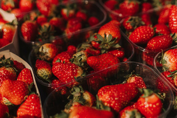 Fresh strawberry at small local urban market. Organic produce on sale at outdoor farmer market....
