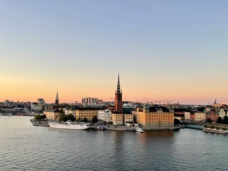 Panorama of the old town of Stockholm, Sweden. Cityscape of a historic district featuring a waterfront.