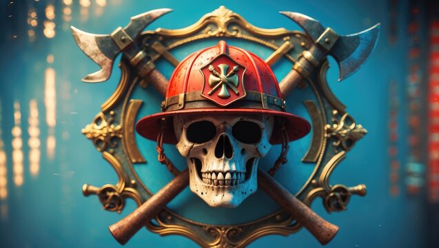 Vintage firefighter colorful label design featuring a skull in a helmet and crossed axes.