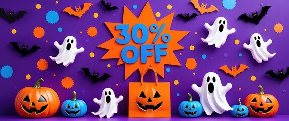 Naklejka premium Vivid Halloween-themed advertisement featuring ghosts, bats, and jack-o-lanterns showcasing a discount.