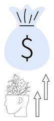 Money bag with dollar sign above head filled with blooming flowers, representing financial success and creative thinking. Ideal for innovation, investment, entrepreneurship, financial planning